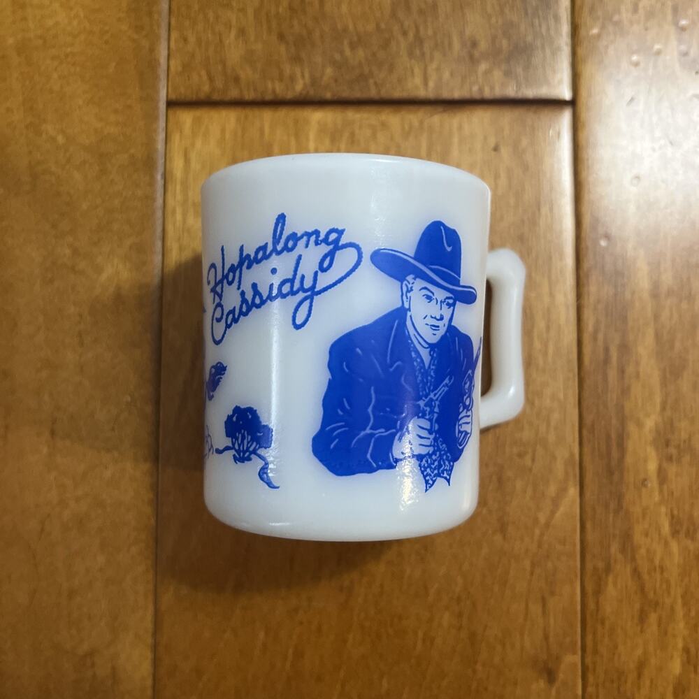 Vintage 1950s Hopalong Cassidy Milk Glass Mug Cup Western Cowboy Blue